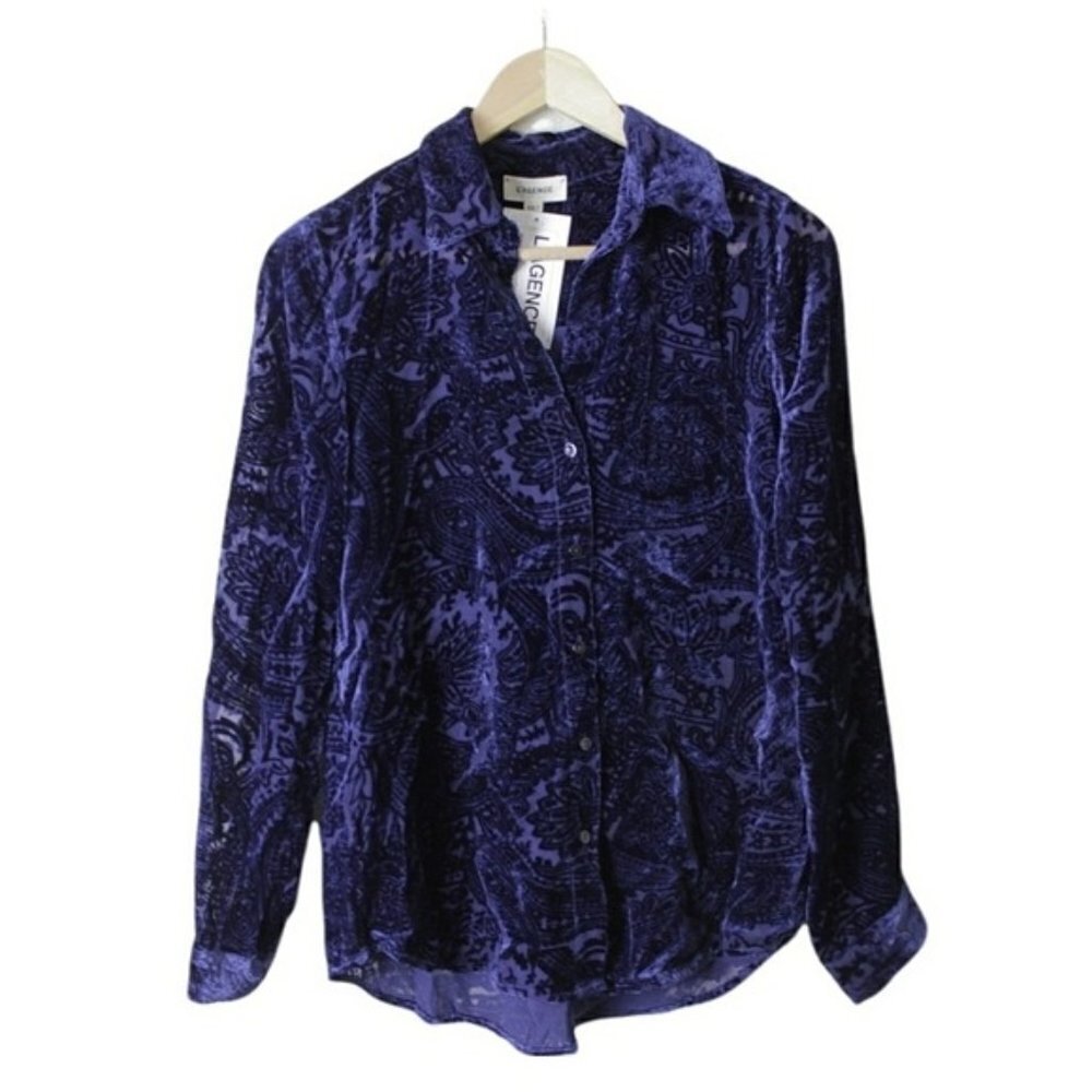 L'AGENCE Hailie Devoré Paisley Velvet Blouse in Blue